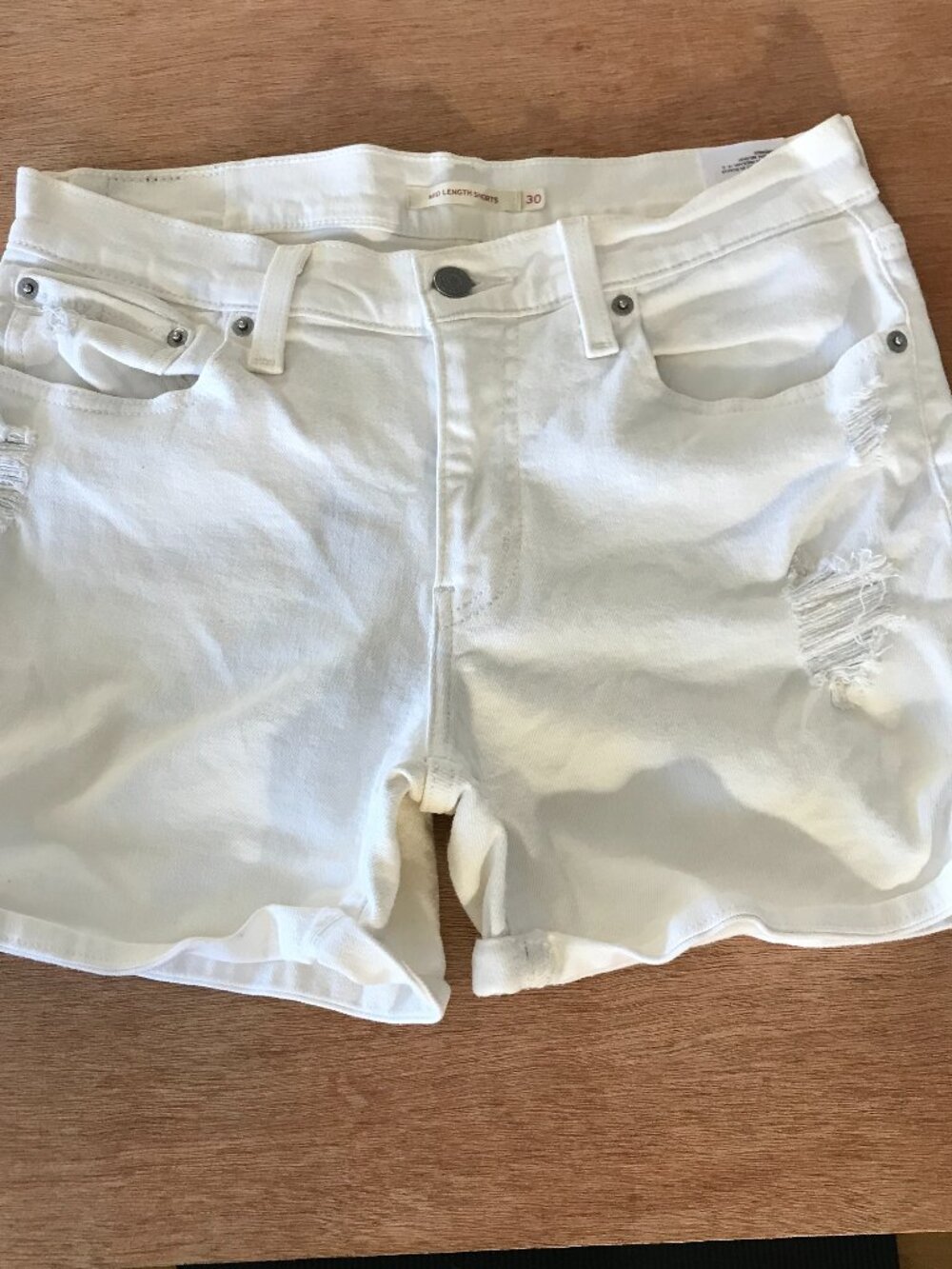 Levi's Mid Length Denim Shorts Women 30 White Distressed Mid Rise Stretch Beach
